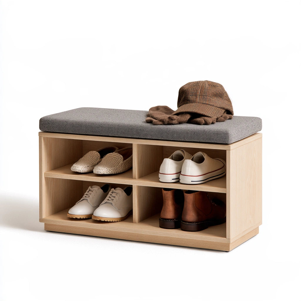 Banc à chaussures avec assise rembourrée en tissu, coloris gris