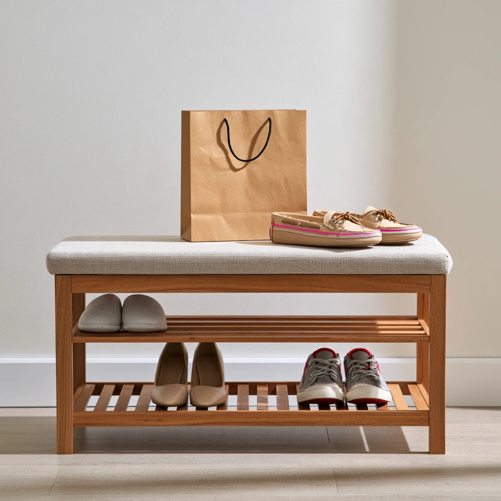 Banc à chaussures avec assise rembourrée en tissu, coloris brun clair