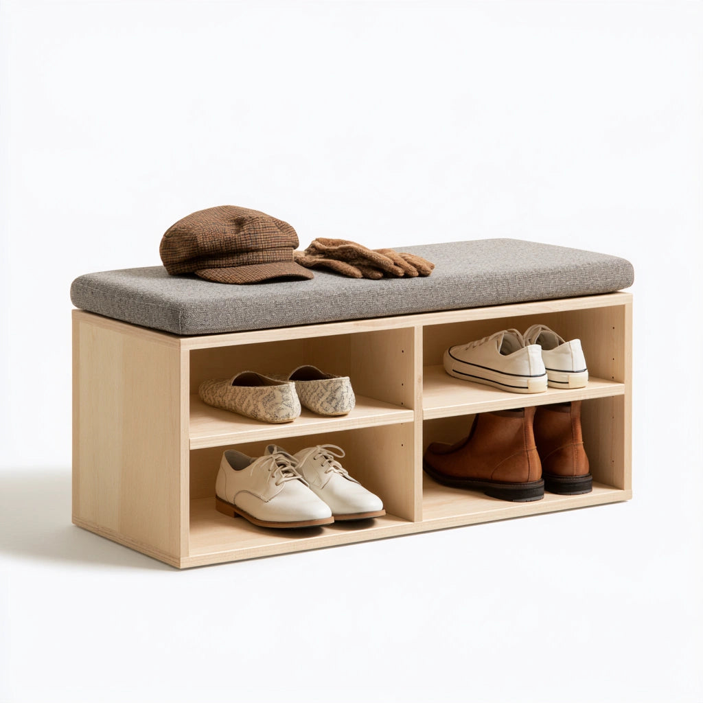 Banc à chaussures avec assise rembourrée en tissu, coloris gris