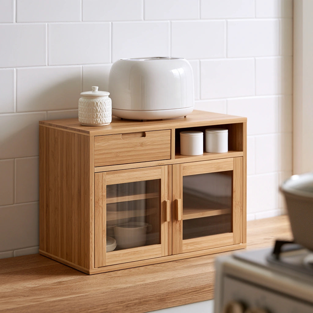Meuble de rangement de comptoir en bambou, coloris brun naturel